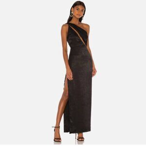 NWT $198 NBD Revolve Black Maxi Dress Asymmetric One Shoulder Cut Out Leg Slit